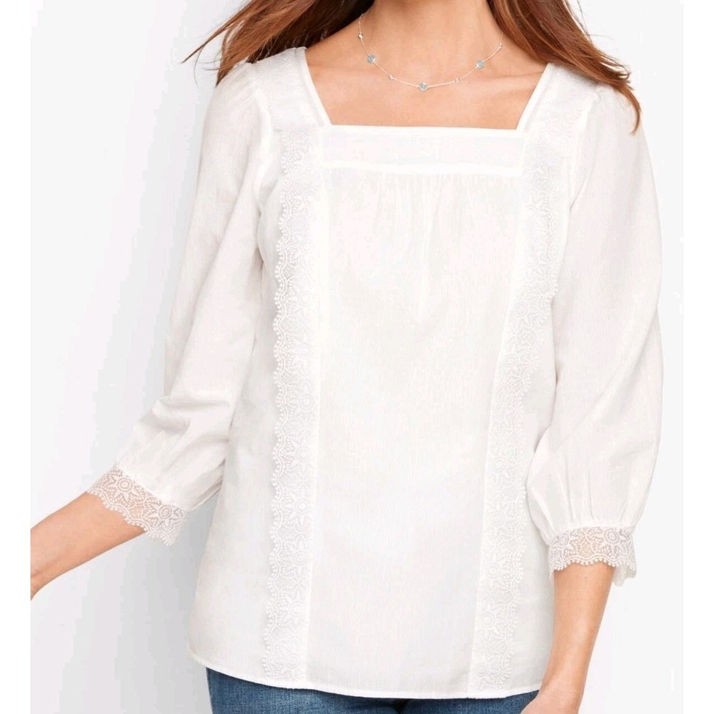 Talbots Shadow Stripe Square Neck Lace Blouse Medium Petite MP Shirt Cotton Top